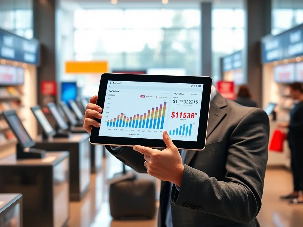 A consultant is reviewing payment processing data on a tablet in a modern retail store, focusing on optimizing transaction efficiency.
