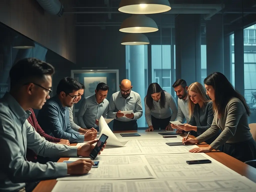 A team collaborating on an RFP document, highlighting key requirements and evaluation criteria for selecting the best payment solution providers.