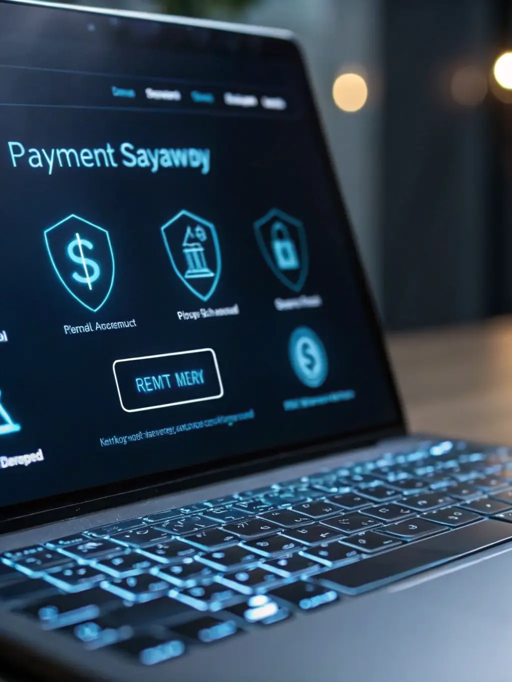 A secure payment gateway interface on a computer screen, highlighting advanced encryption and fraud detection features. The image conveys trust and security.