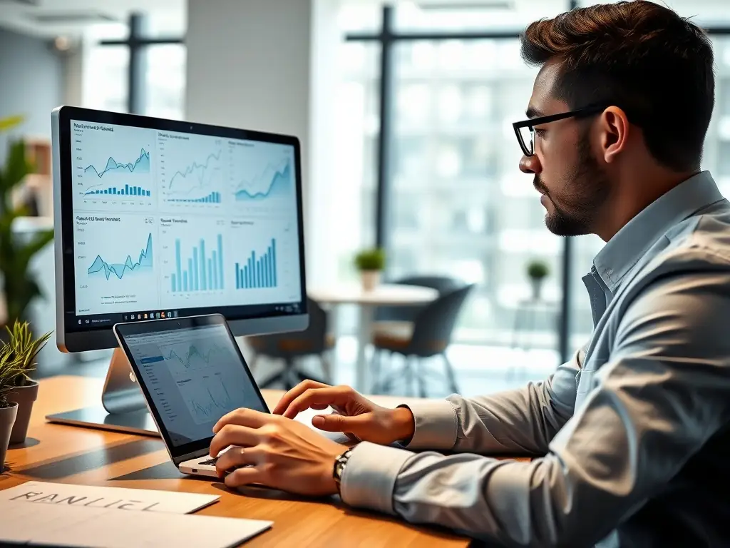 A consultant reviewing payment processing data on a laptop, with charts and graphs illustrating transaction performance and optimization opportunities.