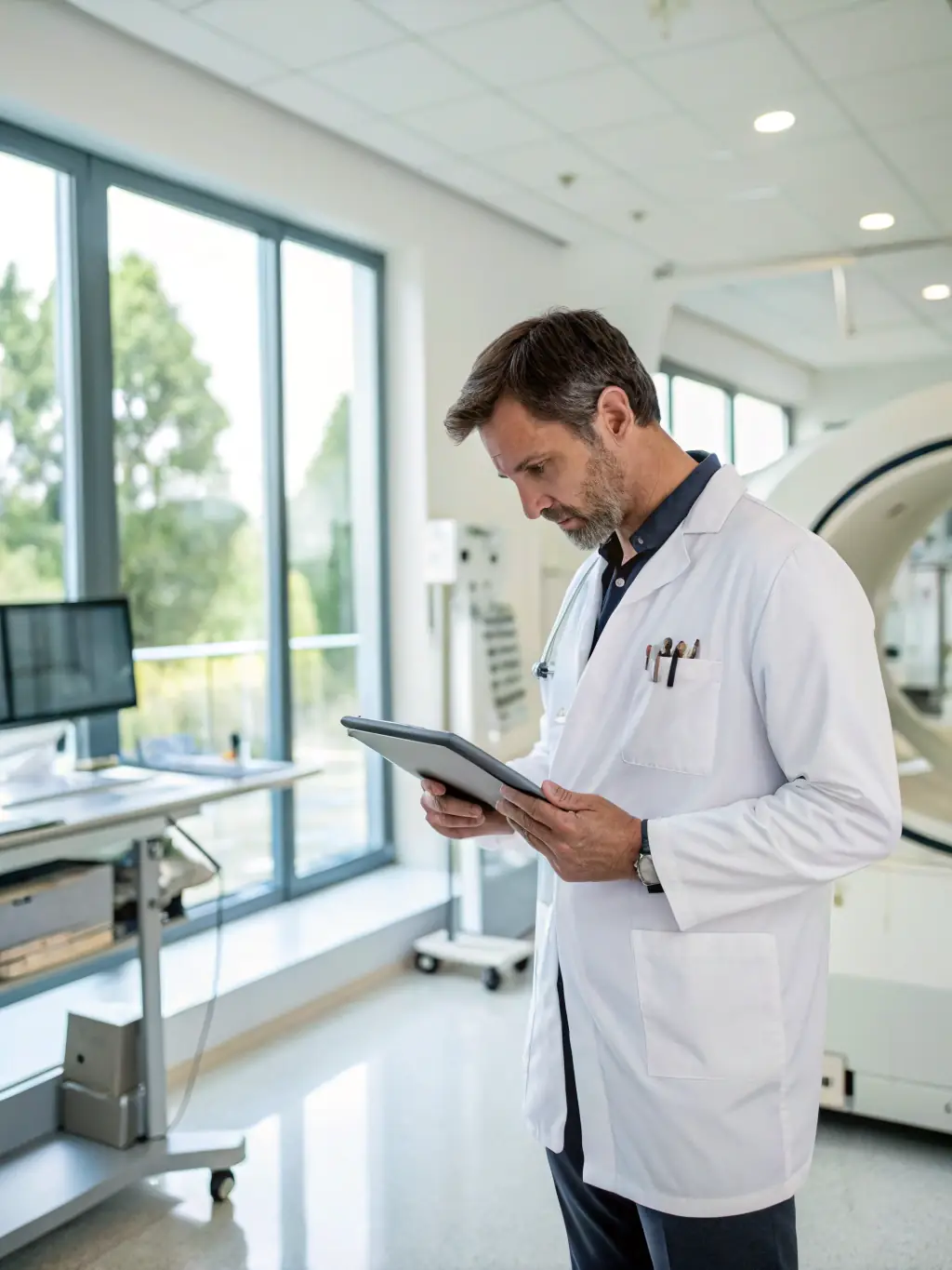 A doctor's office with a patient paying via a tablet, illustrating seamless payment integration in healthcare. The setting is clean and professional.
