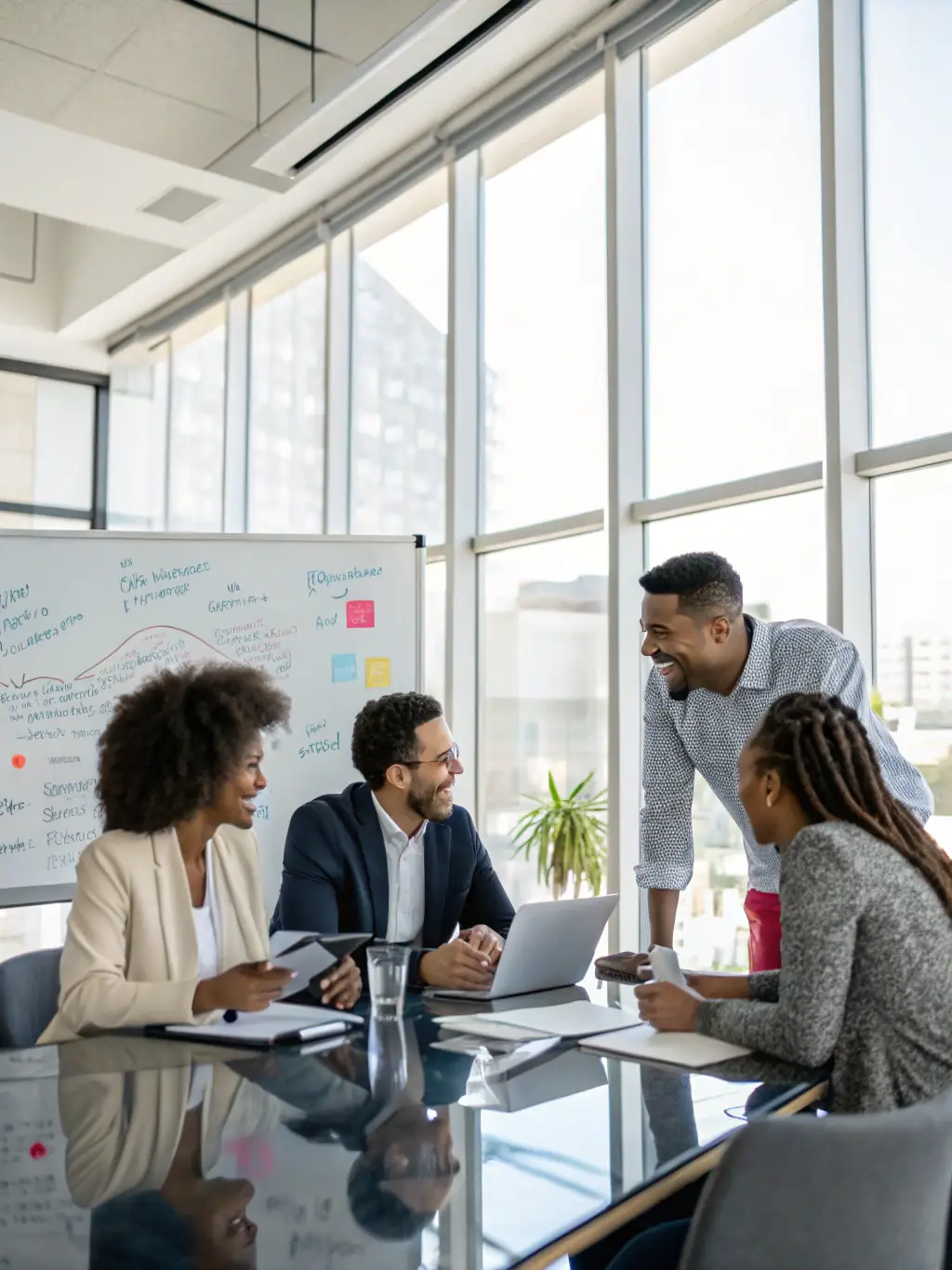 A professional photograph showcasing a team of Plenora Partners consultants collaborating in a modern office setting, symbolizing their teamwork and expertise.