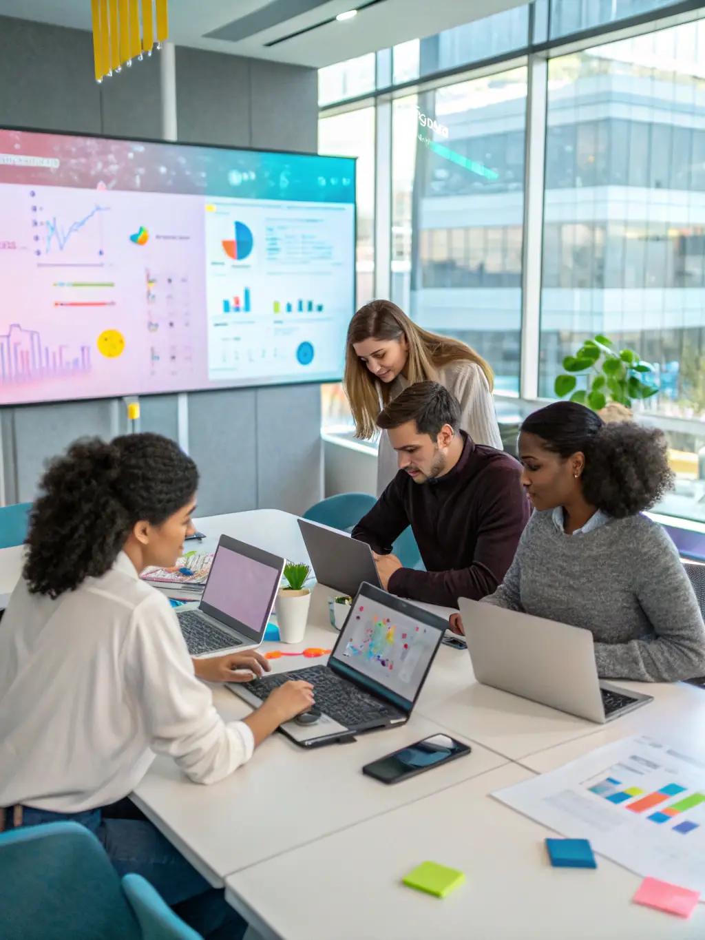 A professional team collaborating on a detailed RFP document with digital devices and charts, representing RFP Creation & Management.